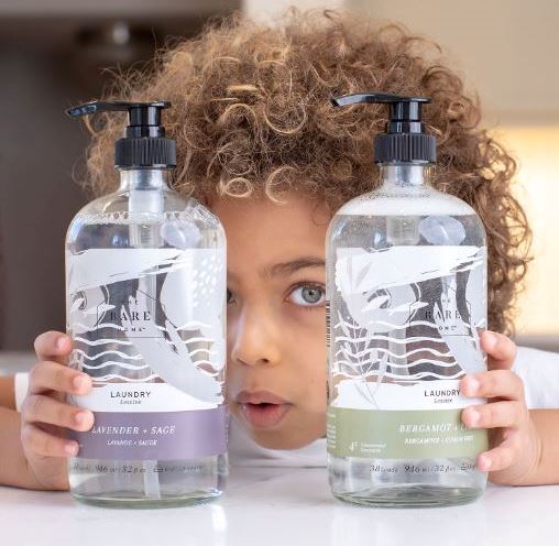 We stock two lovely Laundry by The Bare Home products - a lavender sage and a bergamot lime liquid laundry detergent which are available in refillable pump top glass bottles (38 load) and 3 L at home refill boxes.