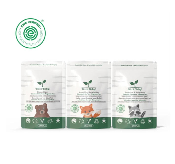 Birch Baby sample pouches are made with PET 1 which is 100% recyclable in at home blue bins. We’ve also invested in a zipper seal to help make each one refillable, resealable so they're easy to travel with and reuse again.
