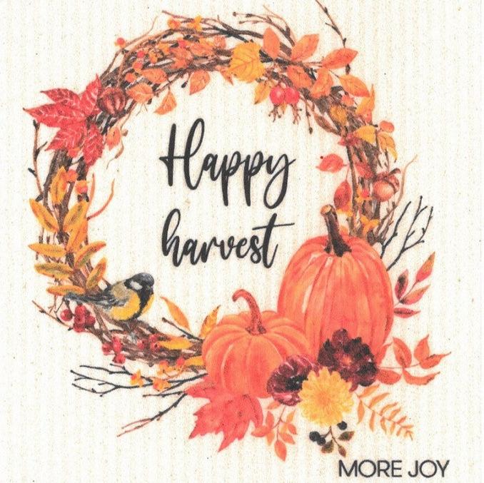 This Happy Harvest More Joy Dishcloth print is an absorbent Swedish sponge cloth made of cellulose-cotton. It is machine washable and biodegradable.