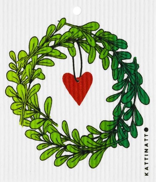 This eco-friendly Kattinatt Swedish dishcloth features an artist rendering of a Lingonberry Wreath with a red heart hanging from the middle on a white background