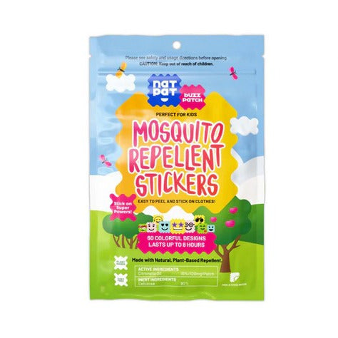 Introducing BUZZPATCH Mosquito Patches for Kids made by the Natural Patch Company (NATPAT) in a resealable pack of 24. These natural Mosquito Patches are a peel-and-stick mosquito repellent made with essential oils and they are fun to wear! 