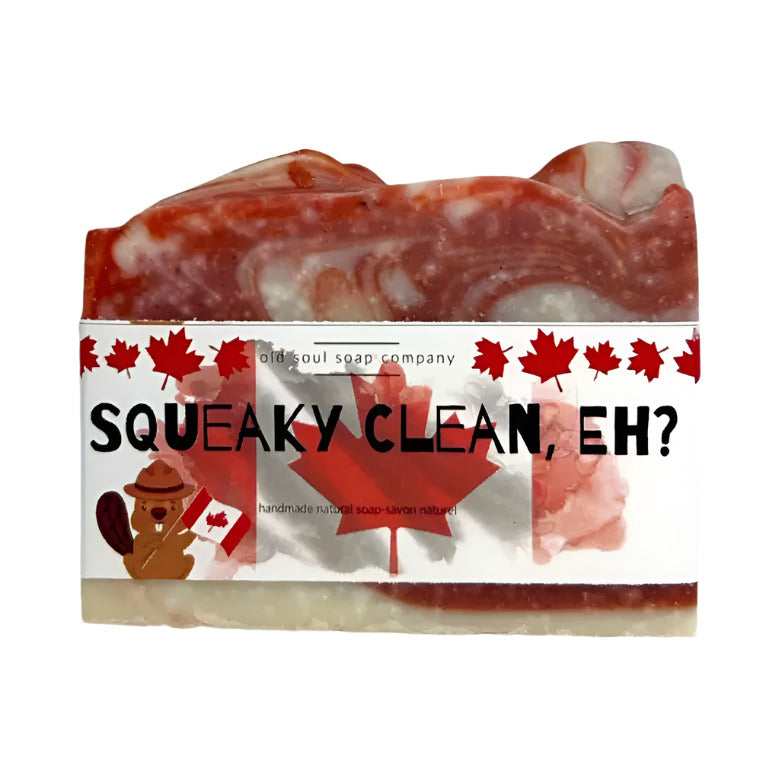Squeaky Clean Eh bar soap by Old Soul Soap Company on white background with Canadian-themed label and red maple leaf design