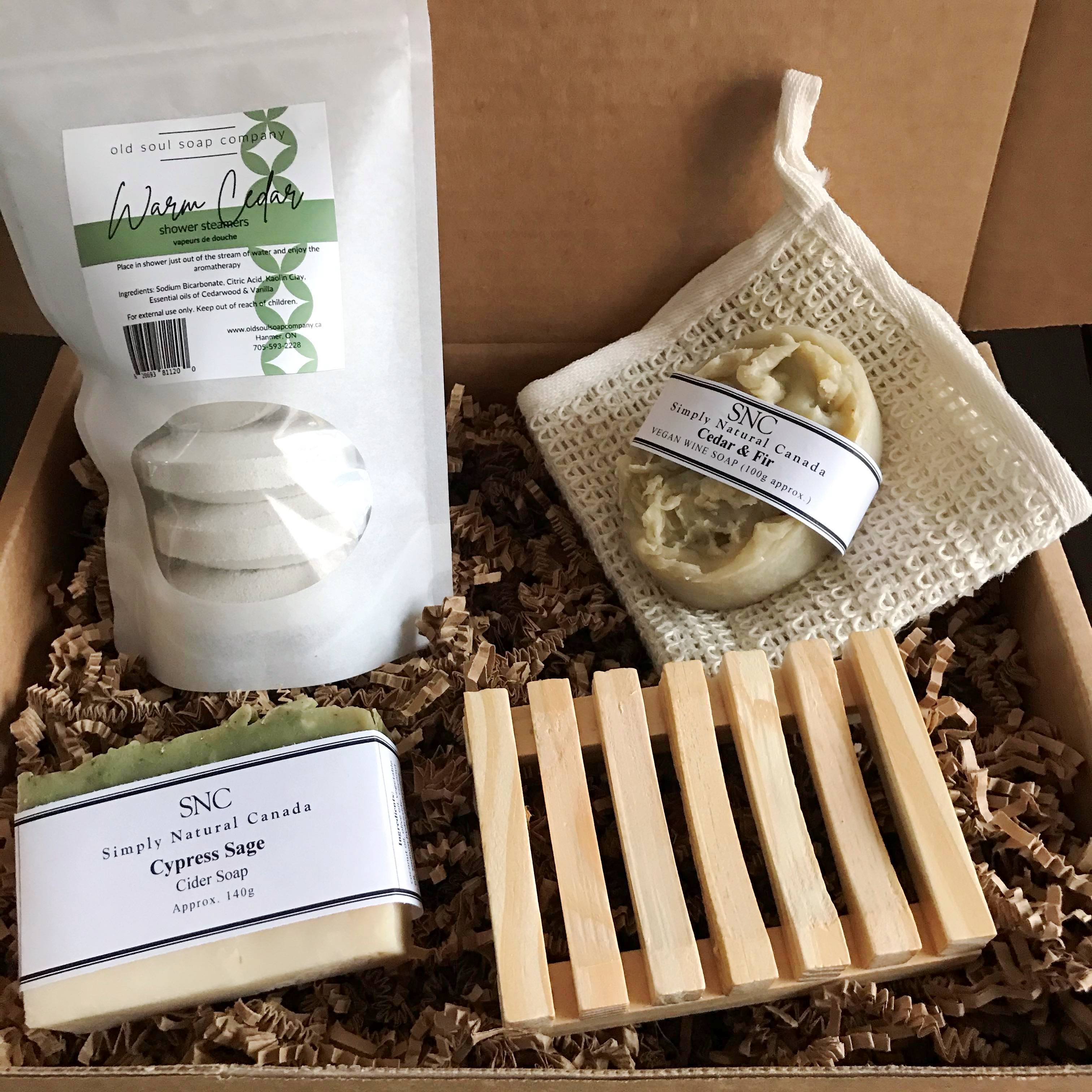 Included in this sustainable gift box is a pouch of Warm Cedar shower steamers (5 pack), a cypress sage cider soap, a wood soap dish, a cedar fir wine soap and a sisal cloth for gently exfoliating your skin. 