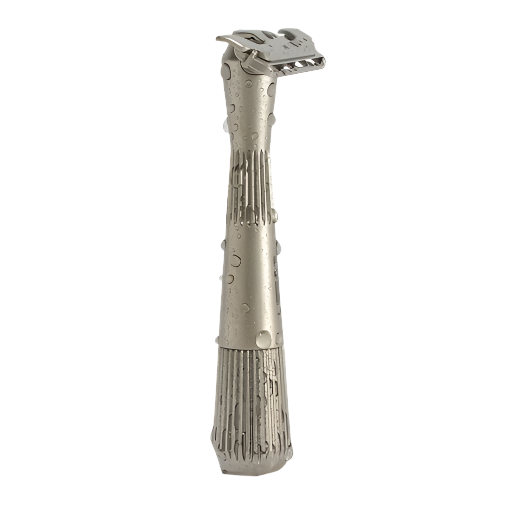 Side view of the Silver Twig Razor with water droplets – stainless steel safety razor designed for shaving tight and sensitive areas