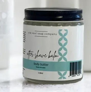 Loaded with moisturizing oils this after shave balm (aka body butter) by the Old Soul Soap Company is gentle on his sensitive skin. Not only does this Eucalyptus, Lavender and Peppermint scented butter in a 4 oz glass jar nourish the skin, you'll smell good and feel good too!