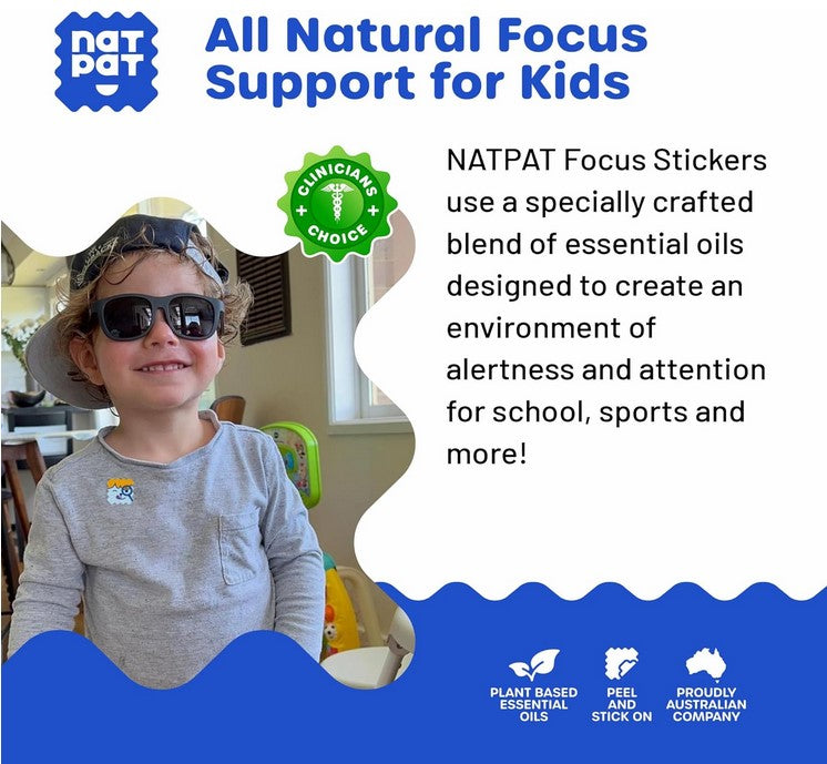 NatPat FocusPatch stickers with plant-based essential oils – all-natural focus support for school, sports, and daily activities