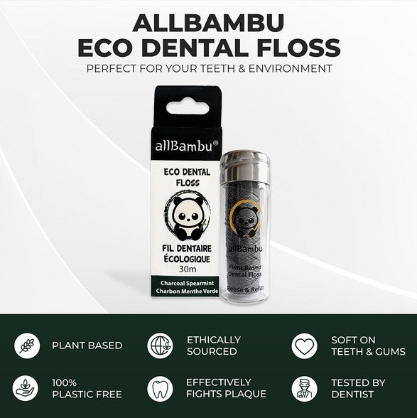 This charcoal spearmint flavoured dental floss is made from plant-based materials, derived from organic corn starch. The inclusion of activated charcoal adds an extra element of natural cleansing to your flossing habit