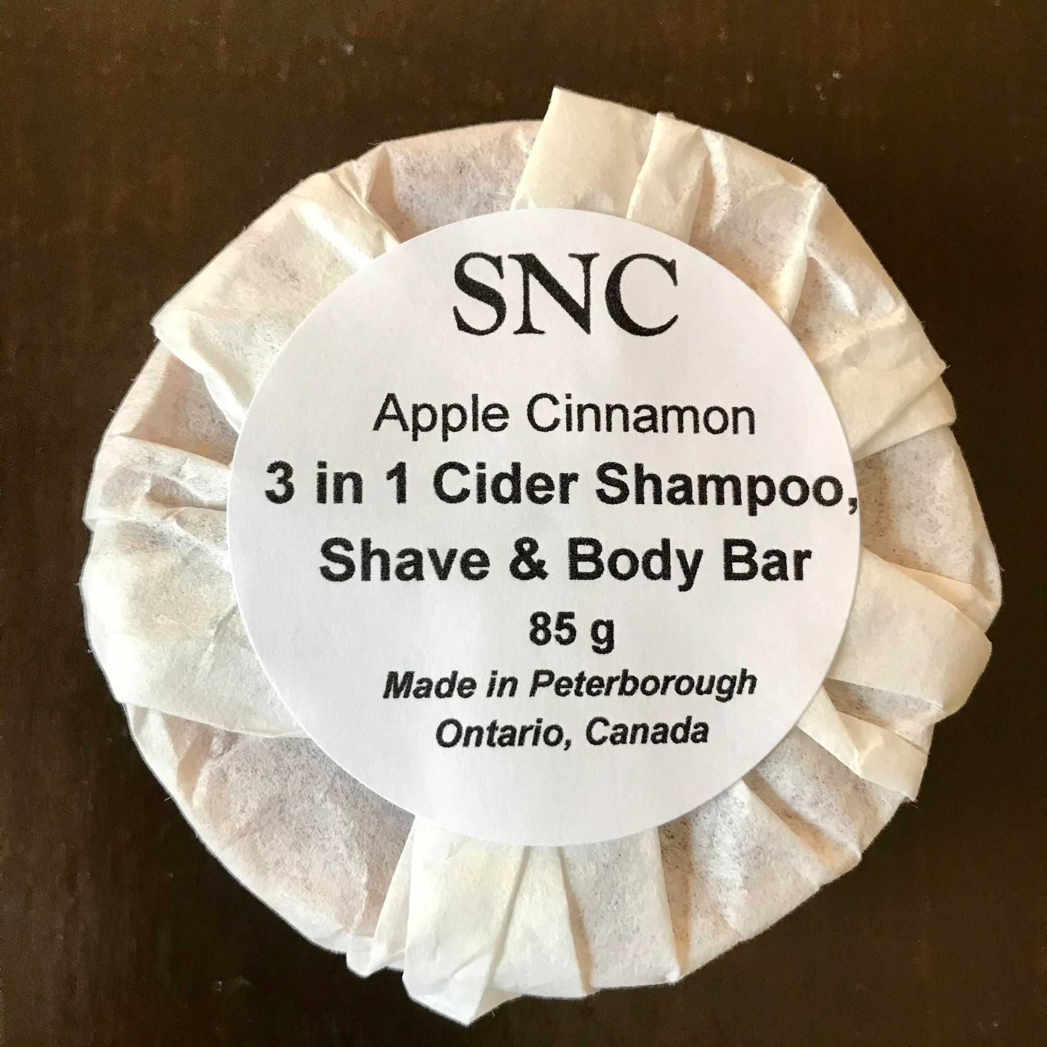 Round apple cinnamon essential oil scented cider shampoo shave and body bar made in Canada by Simply Natural Canada