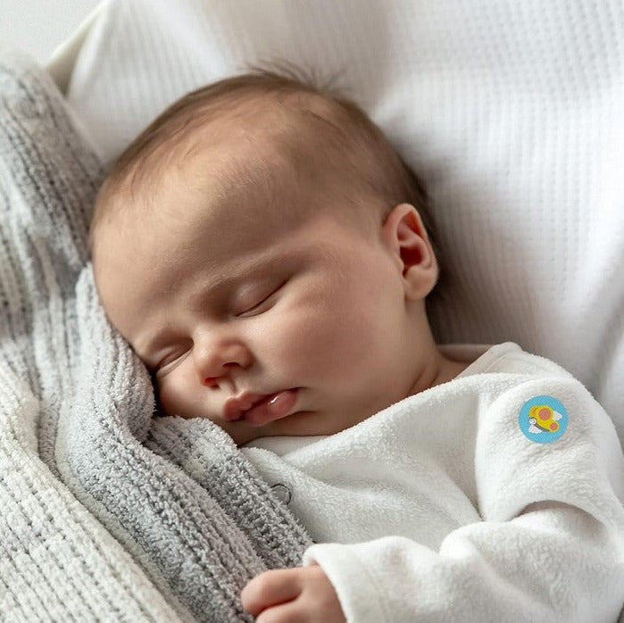 Sleeping infant wearing NATPAT Breathe Easy Vapor Sticker on clothing for gentle congestion relief