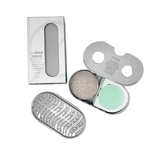 Be Bold shampoo bar, conditioner bar for dry curly hair in a 3D printed travel kit by Bottle None