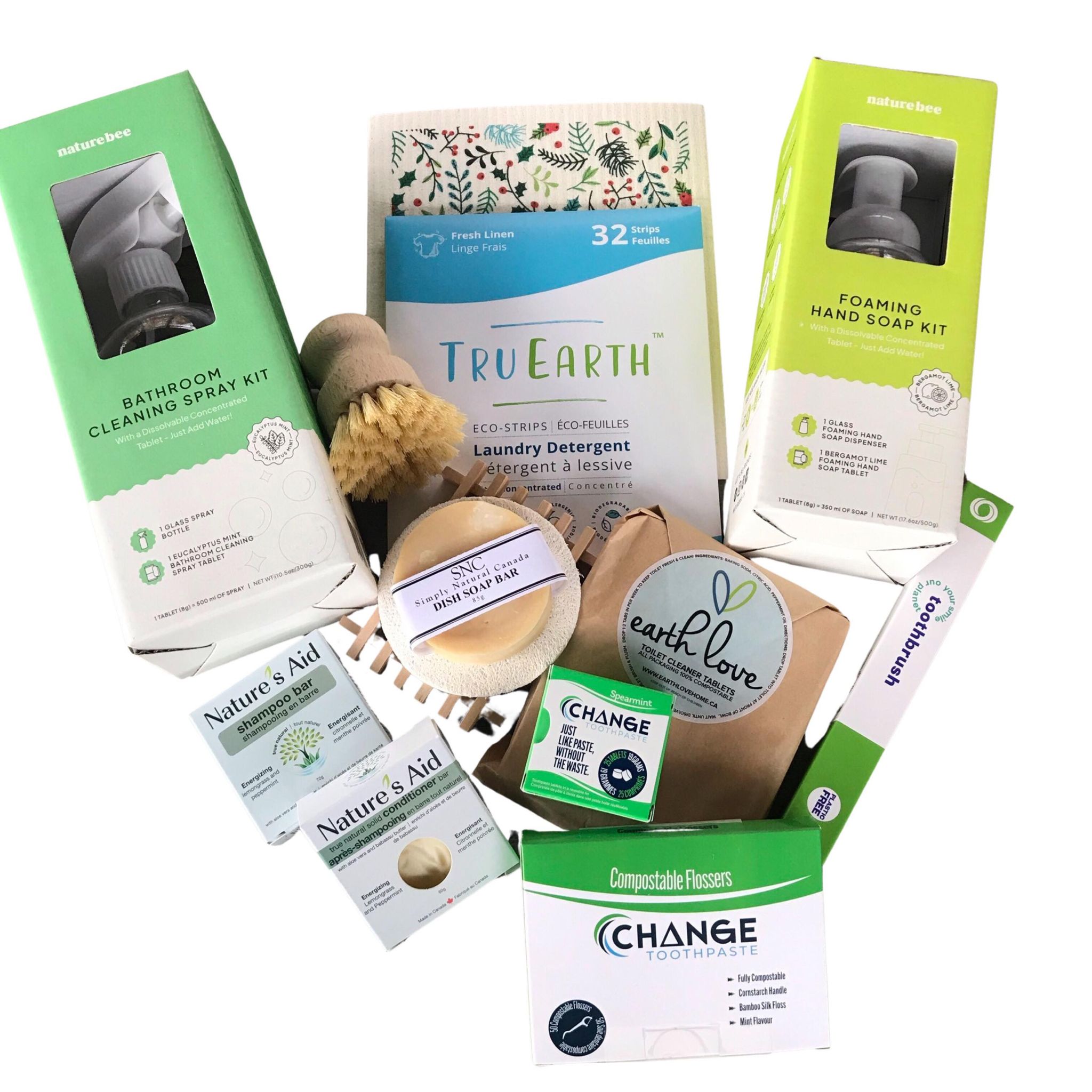 This deluxe gift box is carefully curated gift box includes a shampoo bar, a conditioner bar, dish soap bar, loofah sponge slice, wooden soap dish, pot scrubber brush, toothpaste tablets, compostable flossers, a bamboo toothbrush, laundry strips, bathroom cleaning spray kit, foaming hand soap kit and a Swedish sponge clotht.