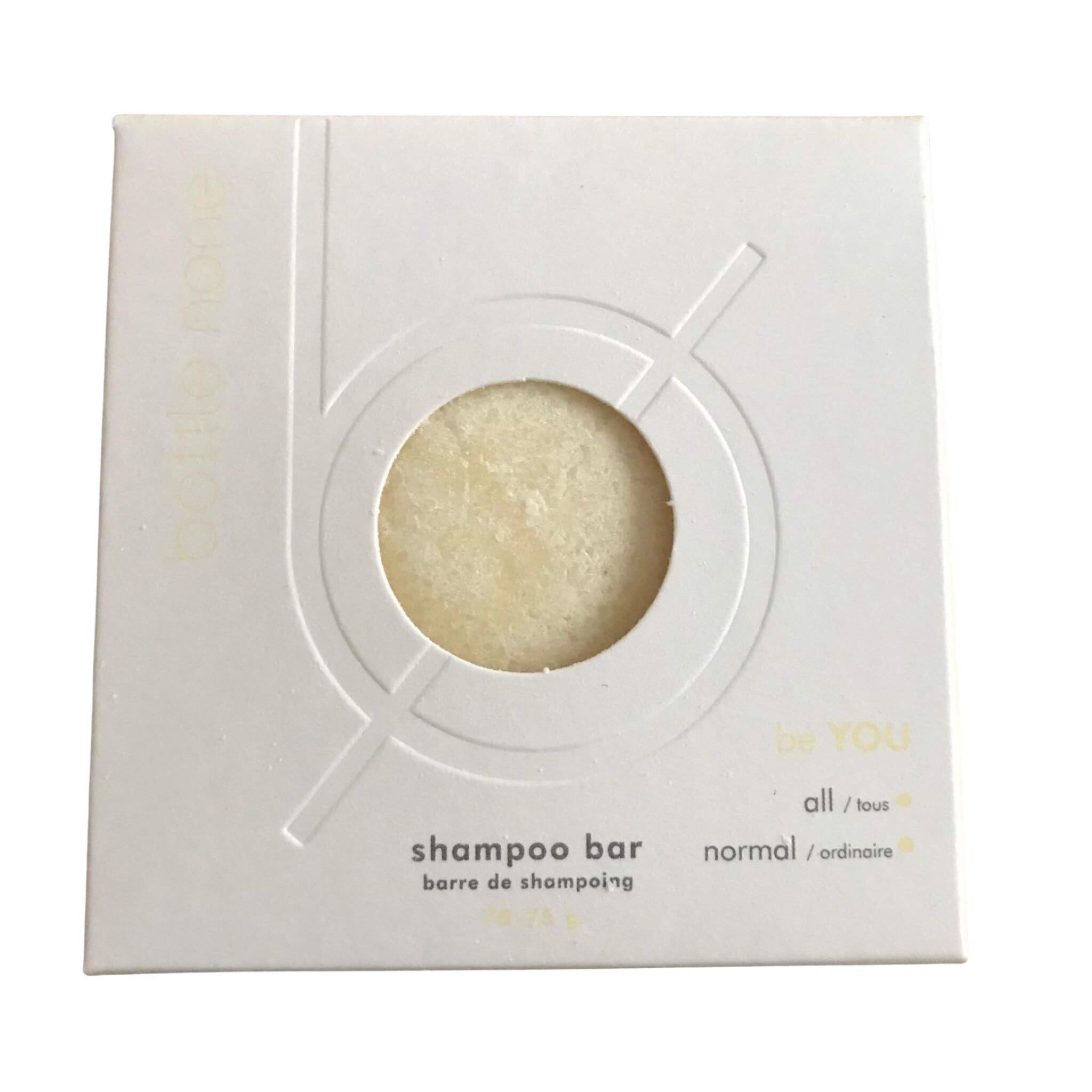 Be You shampoo bar in a box for normal all hair types made in Canada by Bottle None