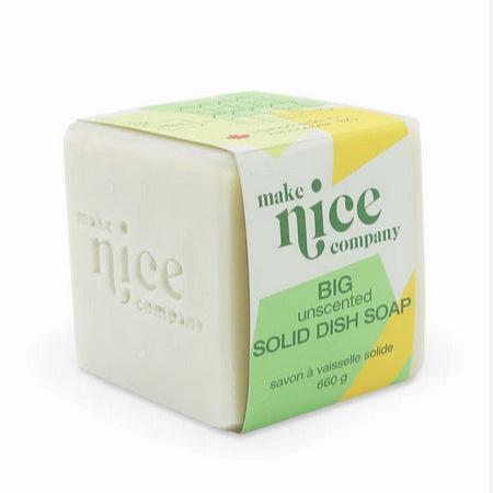 Unscented solid dish soap cube 660 g made in Canada by the Make Nice Company replaces 6 bottles of dish soap