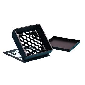Black square 3D printed soap tray for solid dish soap cubes 120 g, 240 g and 660 g made in Canada by the Make Nice Company from plant-based materials