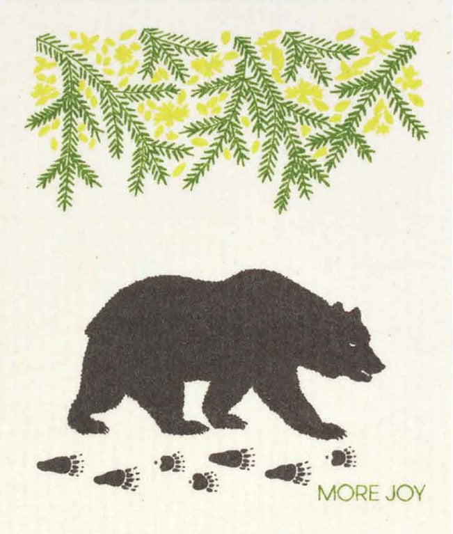 Compostable eco sponge cloth made of cellulose and cotton with a black bear on a white background replaces paper towel by absorbing 20x its weight in liquid. Size 20 x 17 cm