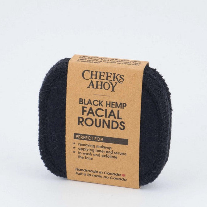 Set of 6 black reusable hemp facial rounds by Cheeks Ahoy with label on white background