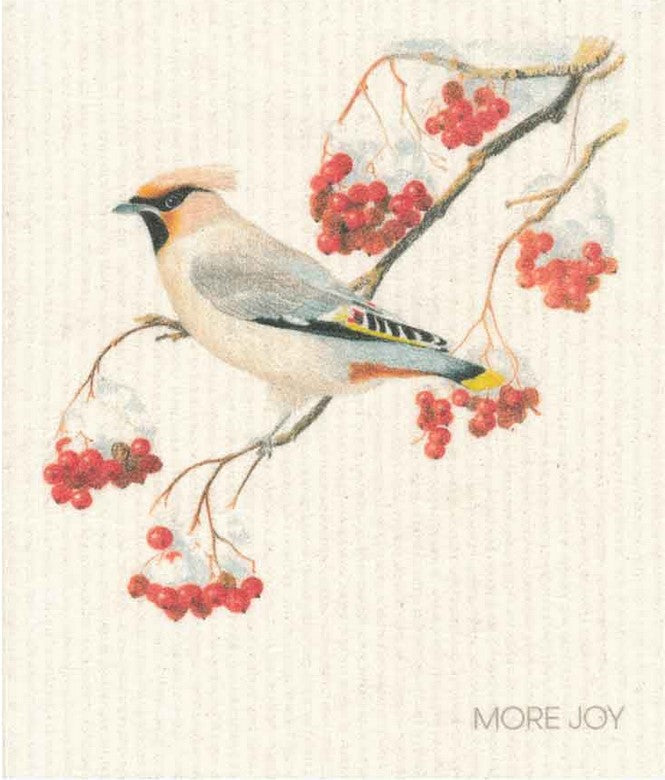 Compostable eco sponge cloth made of cellulose featuring a bird perched amidst colorful red berries replaces paper towel by absorbing 20x its weight in liquid. Size 20 x 17 cm