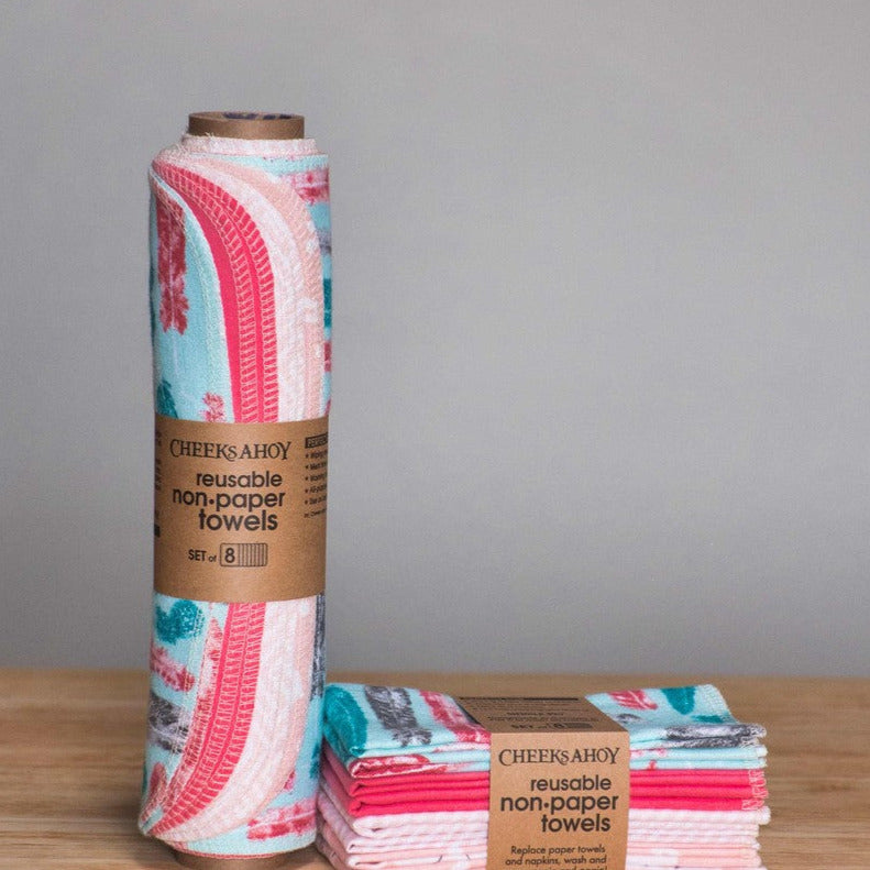 Introducing Boho Bunny Reusable Non-Paper Towels by Cheeks Ahoy. Eliminate the use of paper towels and napkins with this eco-friendly replacement made in Canada! Available in sets of 8 - on a cardboard roll or folded.