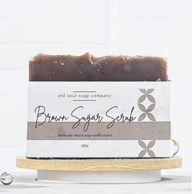 Brown Sugar Scrub handcrafted natural soap bar by Old Soul Soap Company with exfoliating brown sugar, cinnamon, and oatmeal – vegan and eco-friendly skincare.