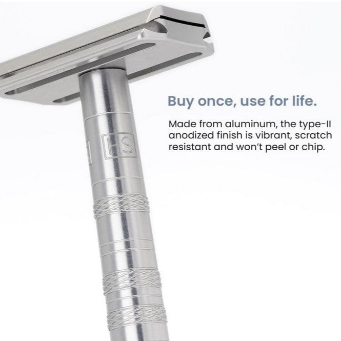 Close-up of Henson AL13 razor with text highlighting lifetime durability and anodized aluminum finish