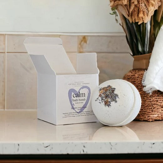 natural sweet orange lavender essential oil calm bath bomb made in canada by the old soul soap company