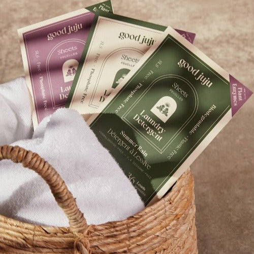 Good Juju 36 load laundry detergent sheets available in lavender bloom, summer rain and unscented