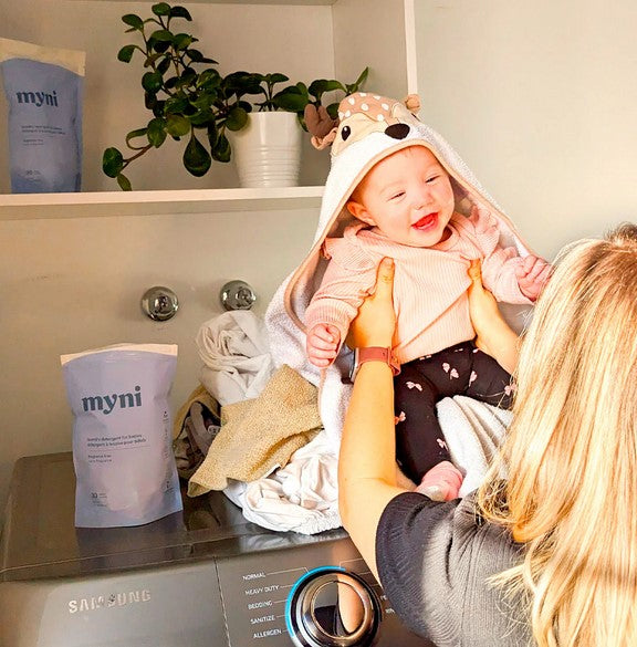 Use just one unscented concentrated myni baby laundry detergent tablet for each load. Works well on light, dark and coloured baby clothes!