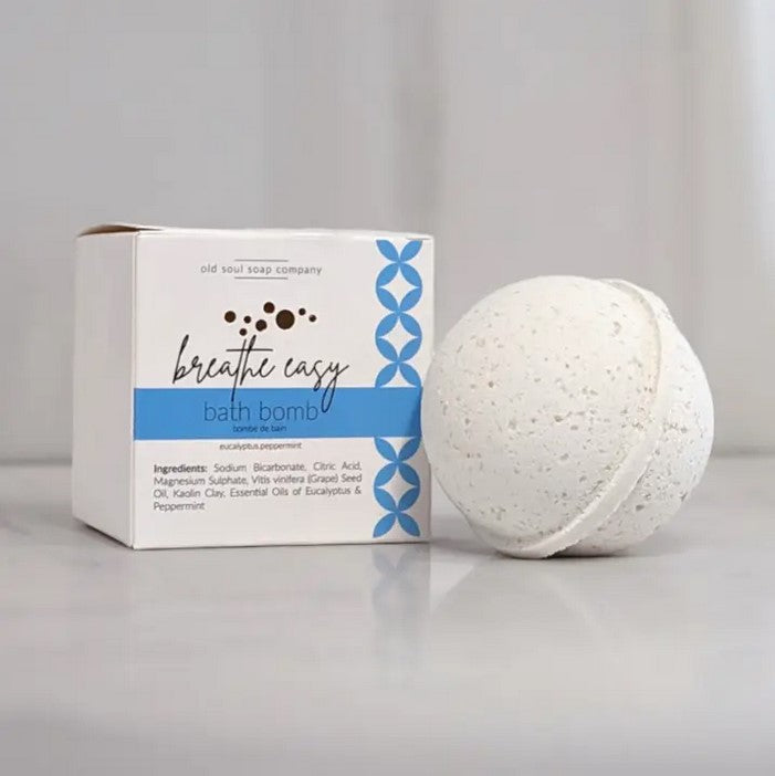 Canadian-made Breathe Easy Bath Bomb with eucalyptus and peppermint essential oils in plastic-free packaging by Old Soul Soap Company