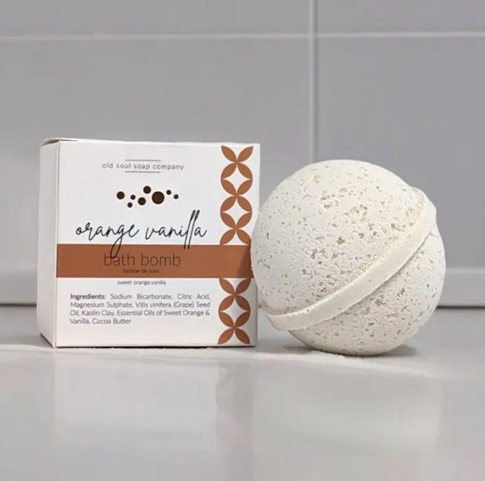Canadian-made Orange Vanilla bath bomb by Old Soul Soap Company with sweet citrus and vanilla scent, vegan-friendly, plastic-free packaging, and skin-nourishing ingredients