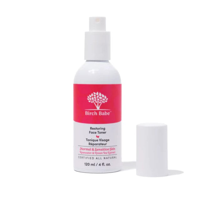 Restoring face toner in 120 ml aluminum bottle made by Birch Babe is 94% organic and crafted to balance your skins pH, calm inflammation while lightly moisturizing skin.