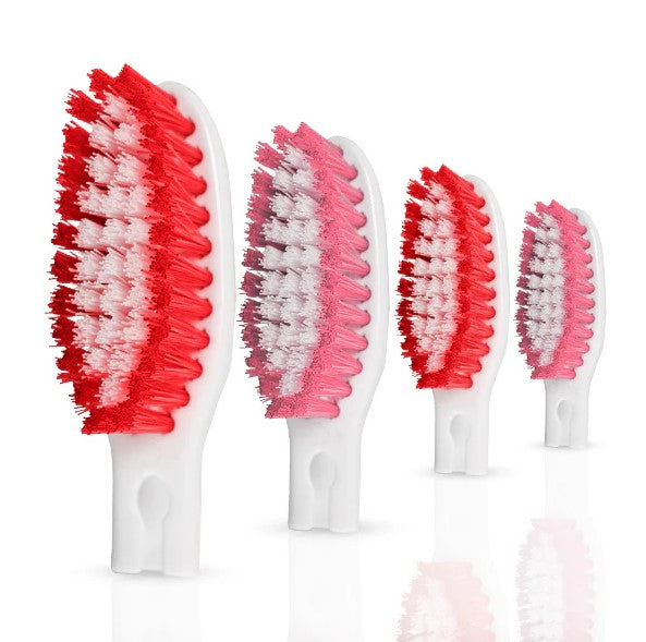 Red and pink Zerro toothbrush replacement heads in a 4-pack, soft-bristle eco-friendly snap-on brush heads for reusable Canadian-made toothbrush handles.