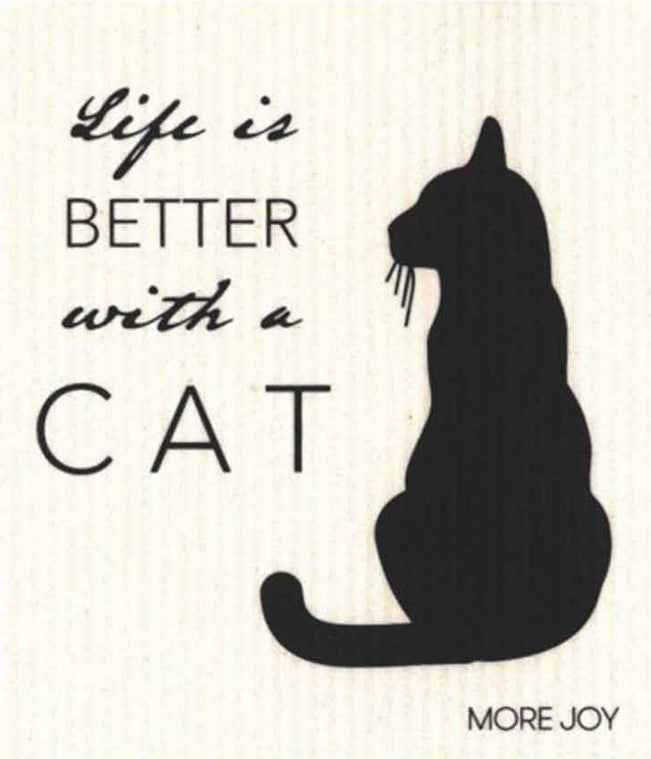Compostable eco sponge cloth made of cellulose and featuring a cat in black silhouette with the phrase "Life is better with a cat" replaces paper towel by absorbing 20x its weight in liquid. Size 20 x 17 cm