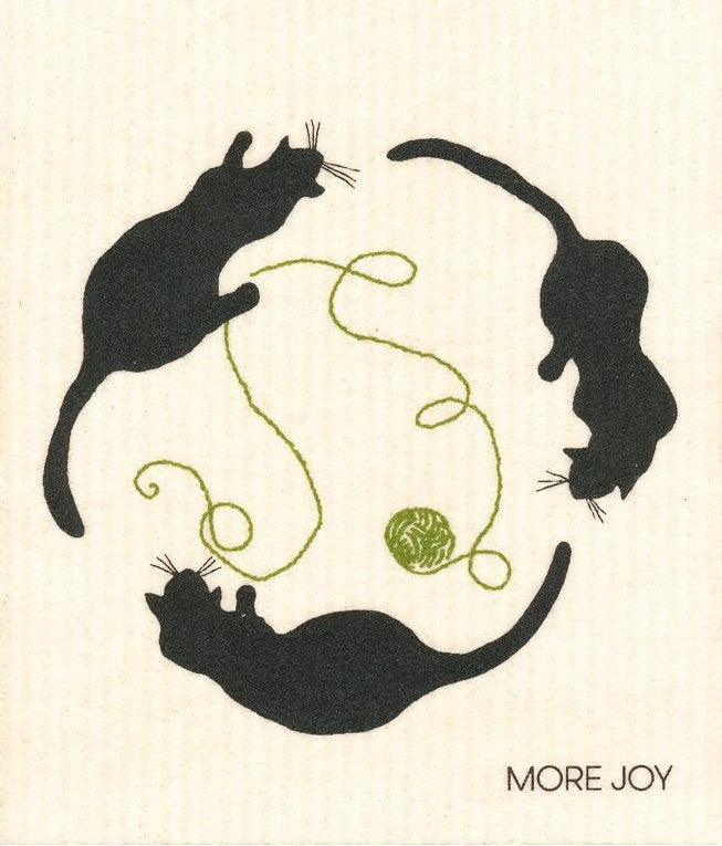 Compostable eco sponge cloth made of cellulose and features a trio of cats in black silhouette playing with a single ball of yarn replaces paper towel by absorbing 20x its weight in liquid. Size 20 x 17 cm
