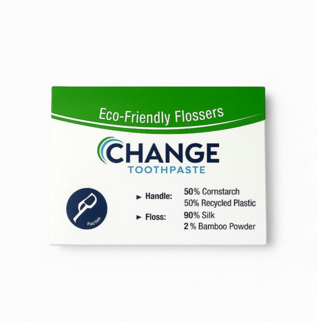 Change Toothpaste Eco-Friendly Flossers box made with cornstarch, recycled plastic, silk and bamboo floss – sustainable dental care packaging