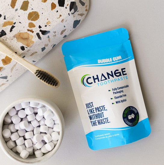 Change Toothpaste tablets in a bubble glum flavour are an earth-friendly way to care for your teeth. These Canadian-made tablets are just like regular toothpaste but without the waste. They come packaged in either a compostable 1 or 3 month tablet pouch, a sample size or in an aluminum travel tin.  