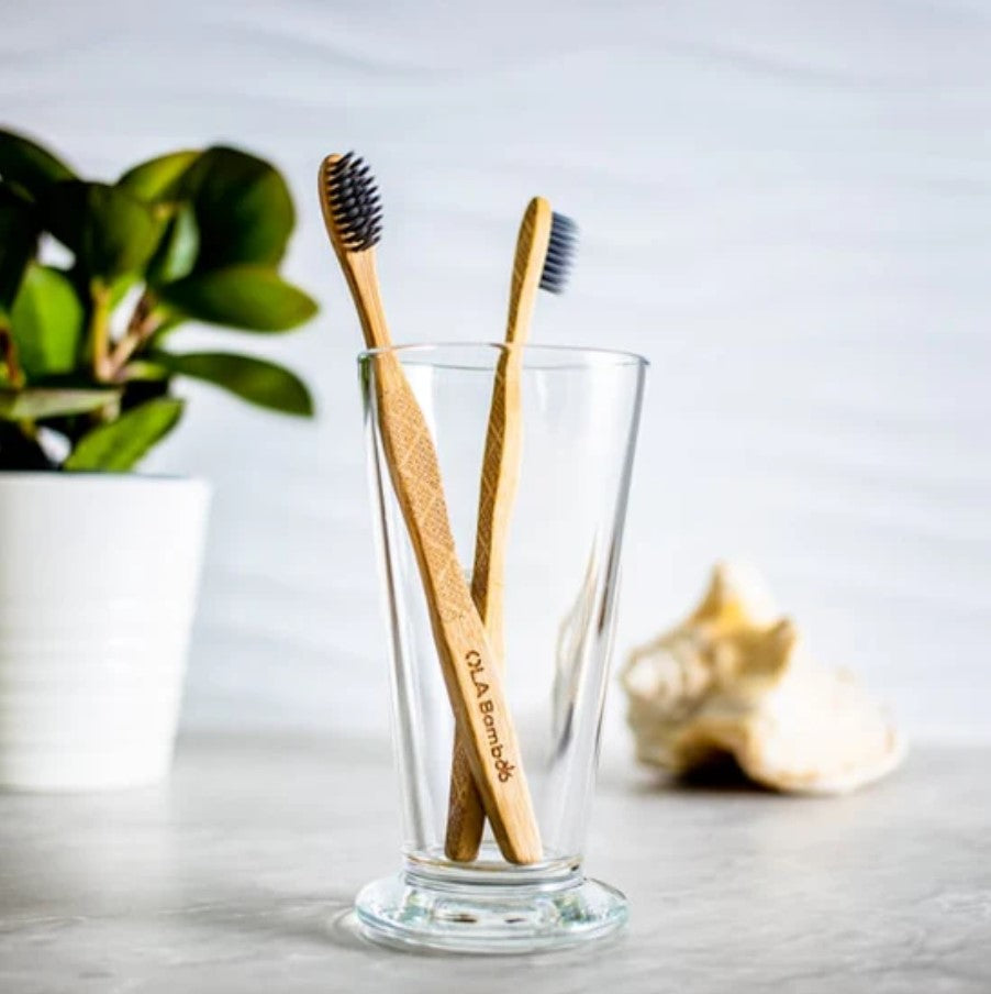 Canadian-made OLA Bamboo Toothbrush Set of 2 with charcoal bristles are shown in a clear glass