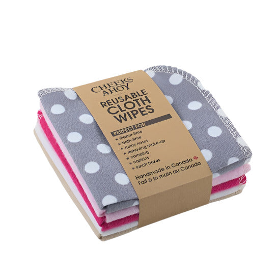 Set of 10 reusable cloth wipes in Peekaboo colourway by Cheeks Ahoy with grey polka dot, pink, white, and natural cotton flannel