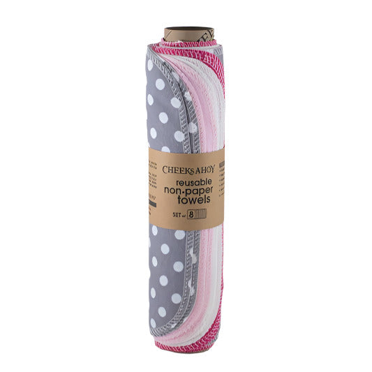 Pre-rolled set of 8 Peekaboo reusable non-paper towels in assorted spring colours on kraft paper tube by Cheeks Ahoy