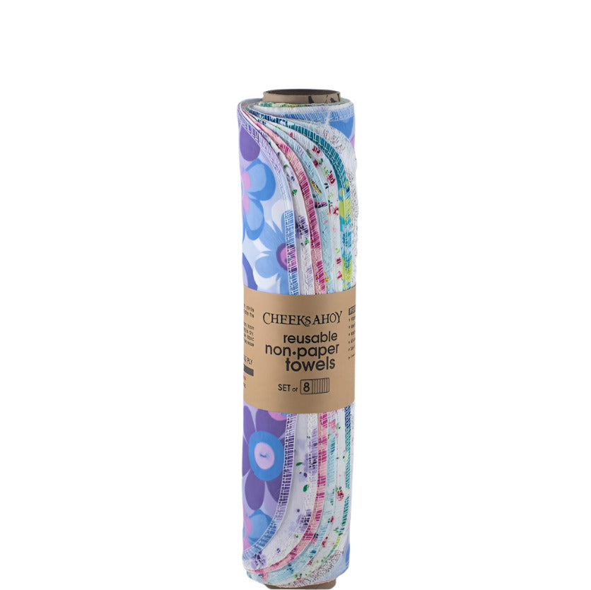 Cheeks Ahoy reusable non-paper towels – Spring Florals set of 8 pre-rolled on kraft paper tube