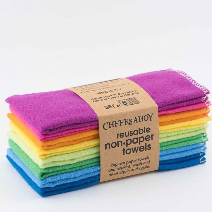 Set of 8 single ply cotton non paper towels in rainbow colours on a white background handmade in Canada by Cheeks Ahoy replace paper towels and napkins, wash and reuse again and again