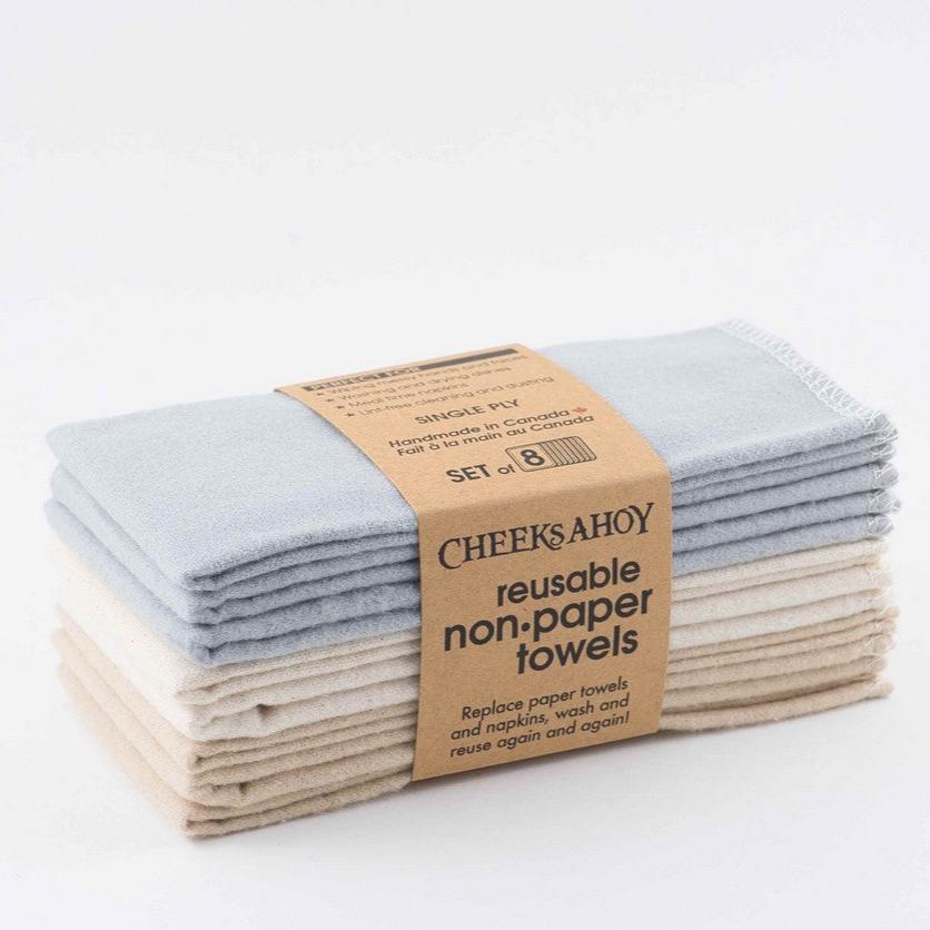 Set of 8 single ply cotton non paper towels in suave light neutral shades on a white background handmade in Canada by Cheeks Ahoy replace paper towels and napkins, wash and reuse again and again.