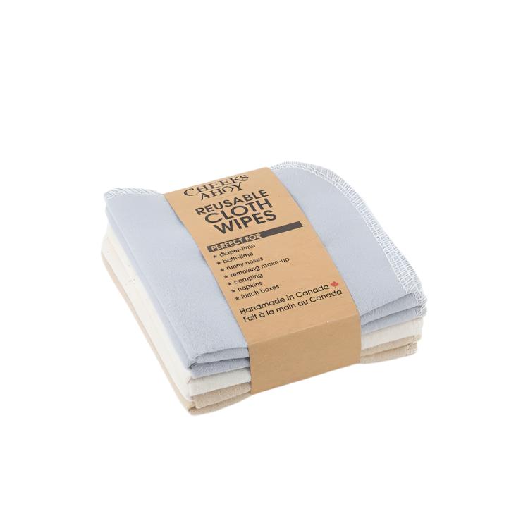 Set of 10 handmade in Canada 100% cotton reusable cloth wipes in soft neutral colours - beige, ivory and light grey with a brown Kraft paper label on a white background.