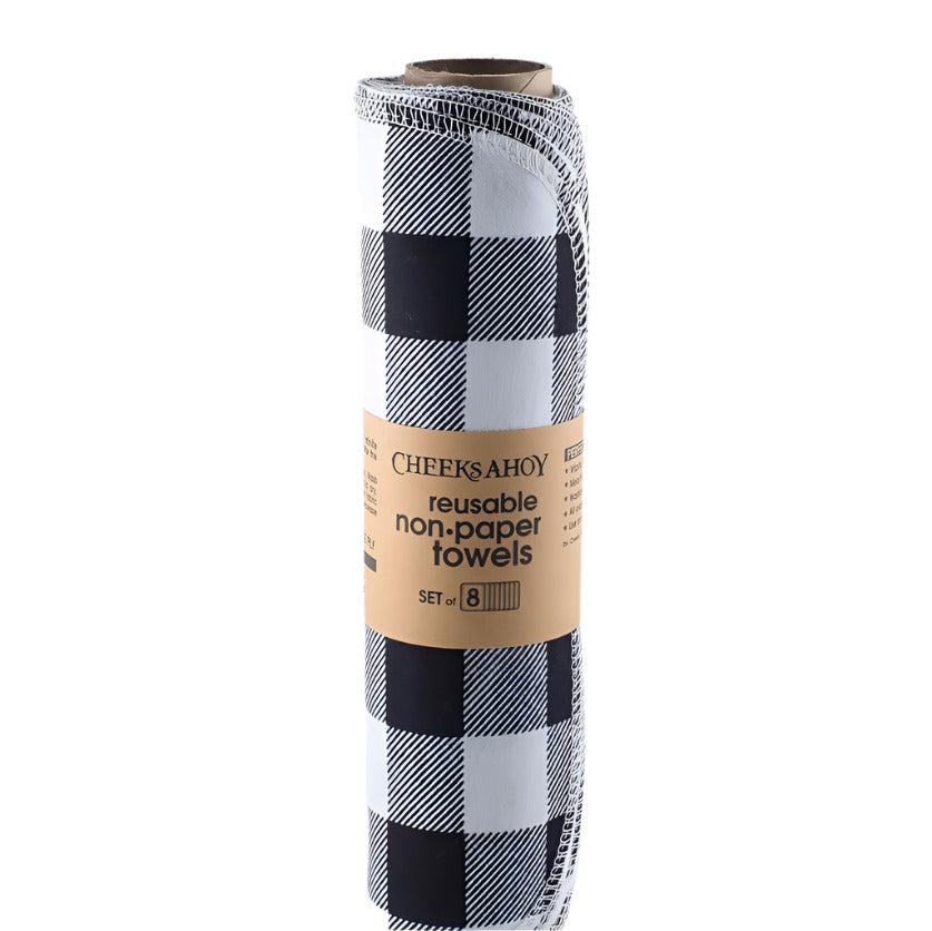 Cheeks Ahoy black and white plaid reusable non-paper towels with soft cotton texture, measuring 10x10 inches, made in Canada
