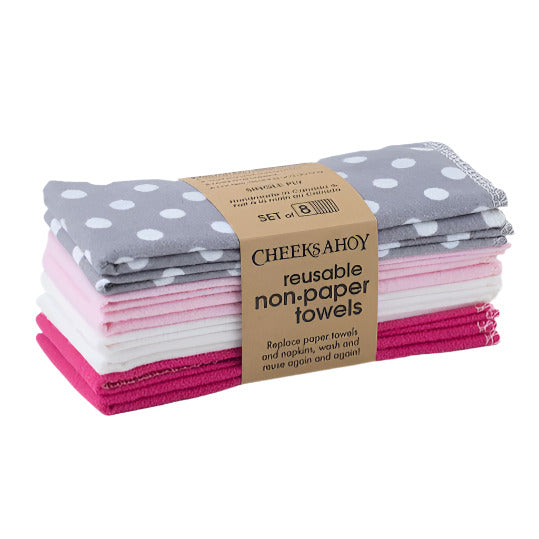Folded set of 8 Peekaboo reusable non-paper towels by Cheeks Ahoy in grey polka dot, pink, and white cotton flannel