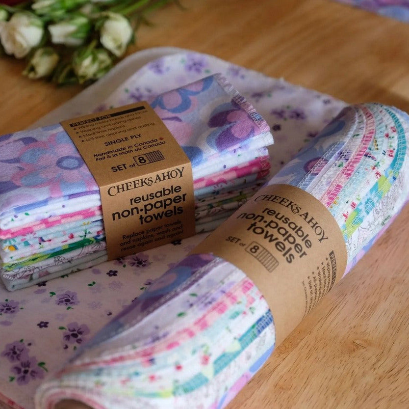 Cheeks Ahoy reusable non-paper towels – Spring Florals set of 8 shown folded and rolled with packaging