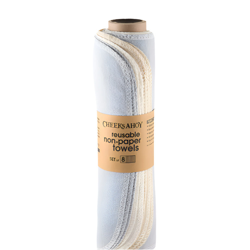 Rolled set of 8 Cheeks Ahoy Suave Reusable Non-Paper Towels in neutral cotton shades on a kraft tube, eco-friendly alternative to disposable paper towels.