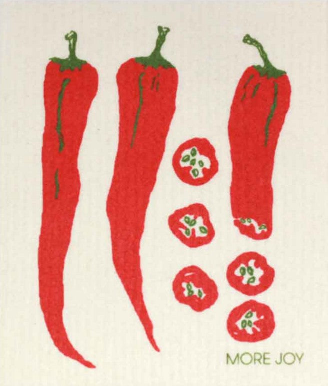 Compostable dish cloth made from cellulose and cotton and features an artistic rendering of red chili peppers against a white background replaces paper towels as they absorb 20x their weight. Size 20 x 17 cm.