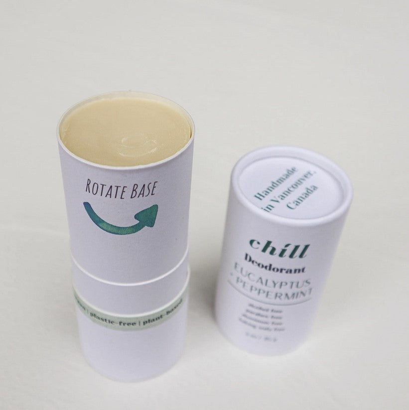 eucalyptus peppermint natural deodorant made in Canada by Plantish in a 85 g/3 oz compostable cardboard stick