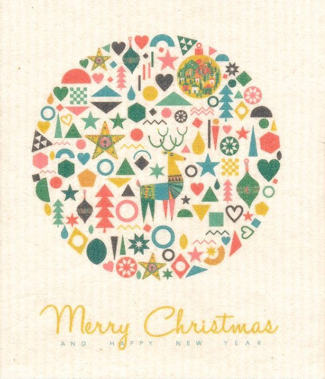 Compostable eco sponge cloth made of cellulose and features a seasonal motif of colourful holiday emblems with a Merry Christmas salutation, replaces paper towel by absorbing 20x its weight in liquid. Size 20 x 17 cm