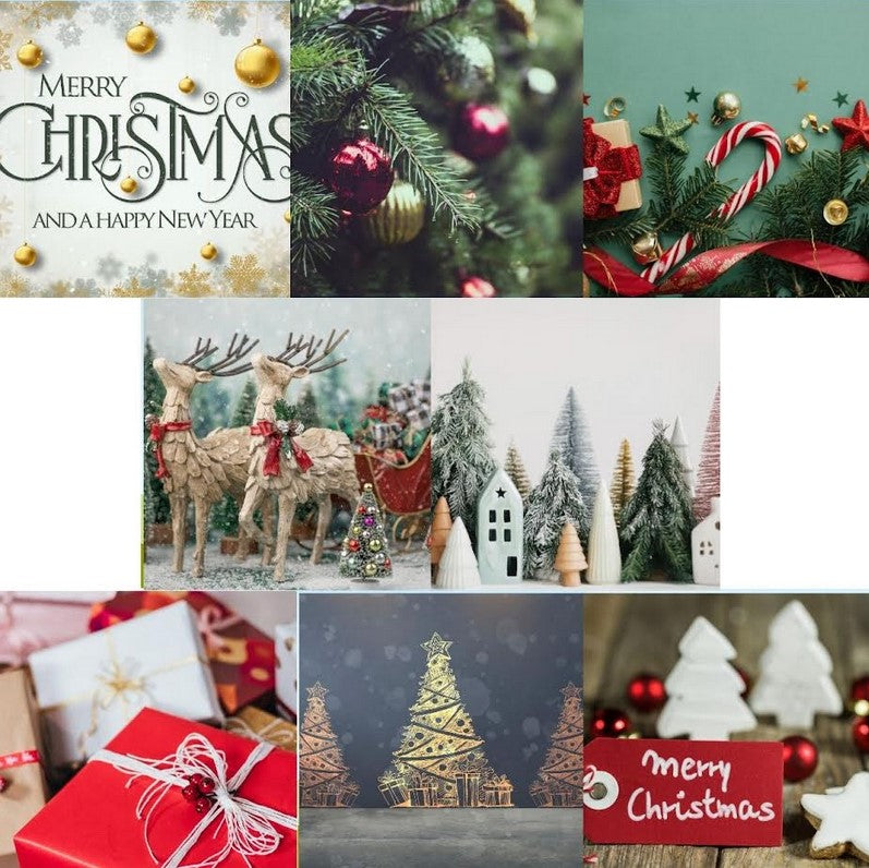 Christmas Swedish dish cloth holiday cards set with festive patterns featuring ornaments, penguins, snowmen, snowflakes, gifts, and Happy Holidays designs – eco-friendly and reusable